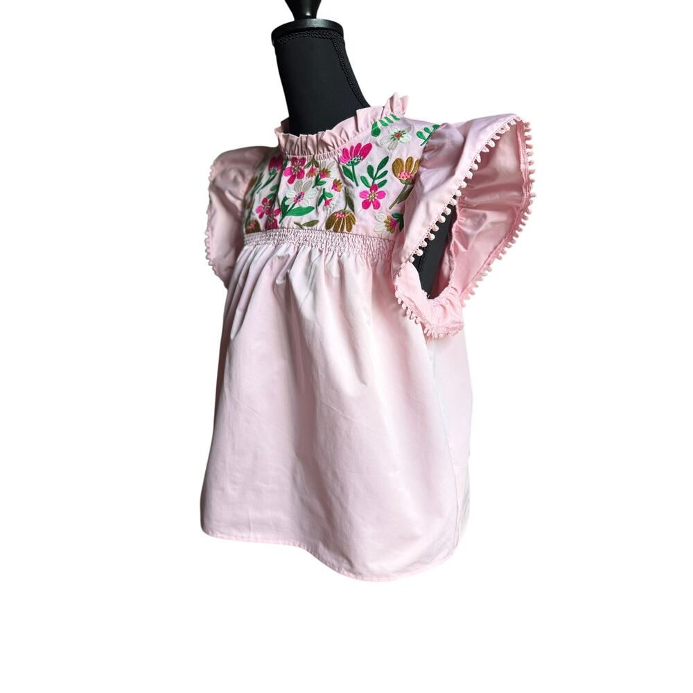 THML Pink Embroidered Floral Flutter Sleeve Blouse Top Medium Boho Boutique - Picture 5 of 11
